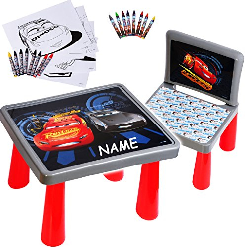 alles-meine.de GmbH Set: Tisch & Stuhl - incl. Malvorlagen + Stifte - Cars/Lightning McQueen - Auto - inkl. Name - Maltisch/Zeichentisch/Schreibtisch/Spieltisch - für..