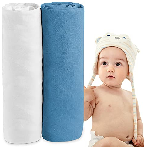 Dreamzie - Spannbettlaken 60x120 Baby 2er Pack - Baumwolle Oeko Tex Zertifiziert - Weiß und Blau - 100% Jersey Spannbettlaken 60x120cm