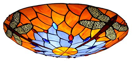 GDLight Vintage Tiffany-Art Libelle-Deckenleuchten Flush Mount Decken Beleuchtung Handgefertigte Glasmalerei Runde Deckenlampe für Schlafzimmer Wohnzimmer Study, E27,40cm