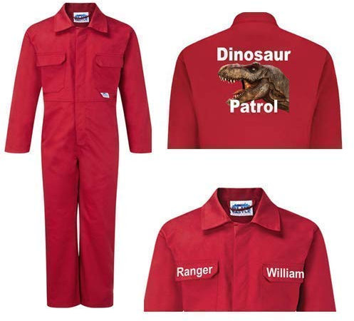 Kids children red boiler suit overalls coveralls customised dinosaur patrol t-rex