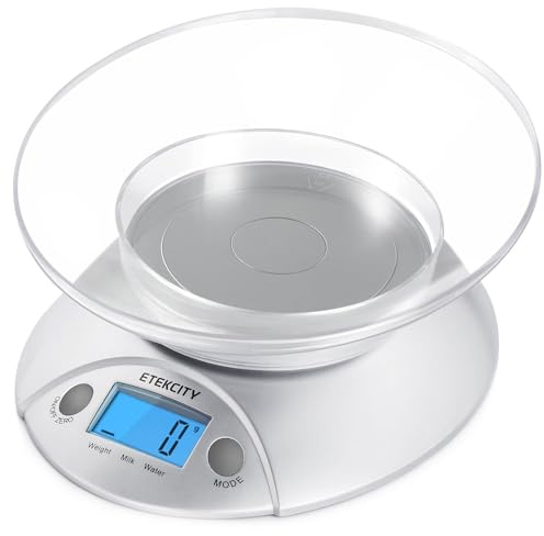 Etekcity Báscula de cocina de alimentos con cuenco, onzas digitales y gramos para cocinar, hornear, preparar comidas, dieta y pérdida de peso, 11 libras/5 kg, pantalla retroiluminada