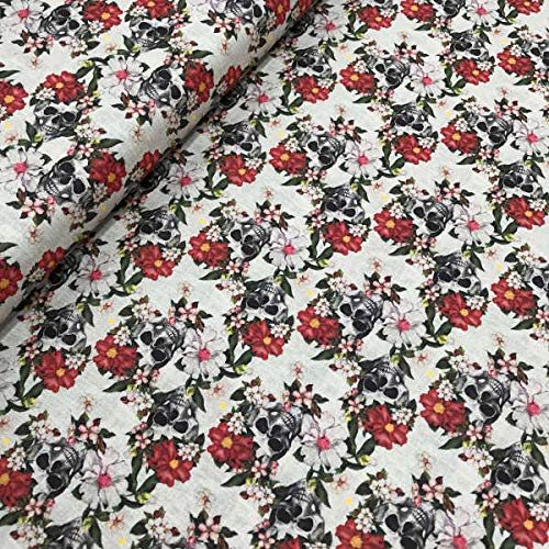 Kt KILOtela Meterware Patchwork Stoff - Digitaldruck - 100 % Baumwolle - 140 cm Breite - Länge wählbar 50 in 50 cm | Totenkopf und Blumen - Rot, Schwarz