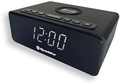 Roadstar CLR-700QI Radio Reloj Despertador PLL FM, Cargador Inalámbrico de Móvil Smartphone con Tecnología QI, 2 Alarmas, Gran Pantalla LCD, Función Snooze, Temporizador de Apagado, Negro