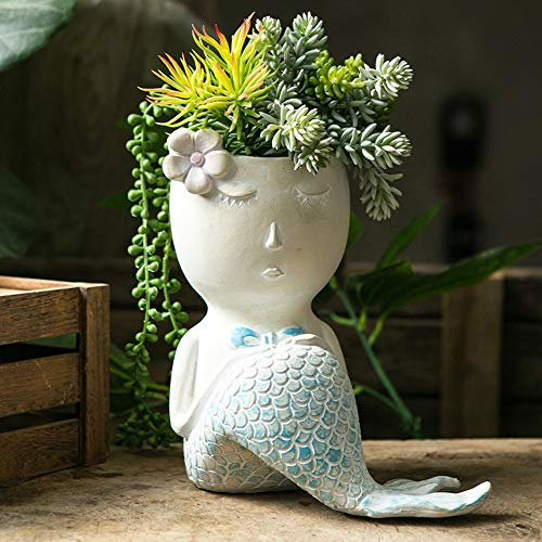 AIITLLYNA Skulptur Blumentopf,Sukkulenten Blumentöpfe,Meerjungfrau Statue,Niedliche Blumentöpfe mit Bodenlöcher,Kaktus Pflanzgefäß für Innen & Außen Dekoration(C)