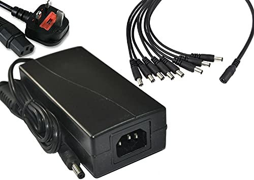 5 Amp 12V PSU power supply unit mains 240v AC to 12v DC (UK Plug) for CCTV camera, lighting with 8 Way Power Splitter Cable - Sentry CCTV