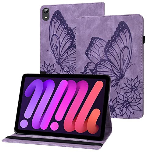 Rostsant Coque iPad Mini 2021 Papillon en Relief Etui en Cuir PU Portefeuille Porte-Stylo Tablette Housse de Protection pour iPad Mini 6 Generation 2021 8.3 Pouces A2568 - Violet