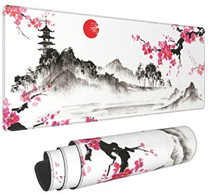Japanese Cherry Blossom Watercolor Gaming Mouse Pad 31.5 × 11.8 × 0.12 Inch Extra Large Keyboard Mouse Mat XL Non-Slip Rubber Base Personalized Desk Pad for Home Computer Office Laptop