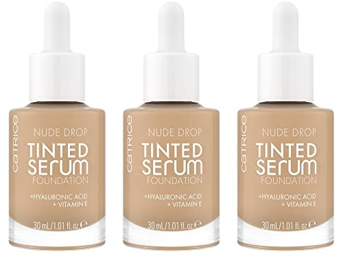 Catrice Nude Drop Tinted Serum Foundation, Nr. 030C, Nude, langanhaltend, mattierend, natürlich, für sensible Haut, vegan, ölfrei, ohne Parfüm, ohne Alkohol, 3er Pack (3x30ml)