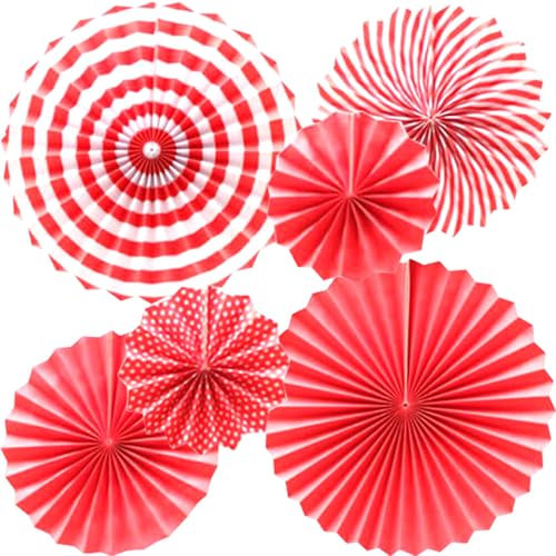 Ruidee 6Pcs Hanging Paper Fan Decorations, Colorful Fans for Parties, Carnivals, and Birthday (Red)