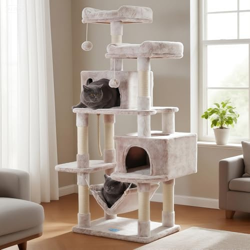 Hey-brother Muchroom MPJ020MU Kratzbaum, mehrstufig, mit Sisal überzogenen Kratzstämmen, 2 größere Plüschhöhlen, Sitzstange Hängematte für Kätzchen, Katzen und Haustiere