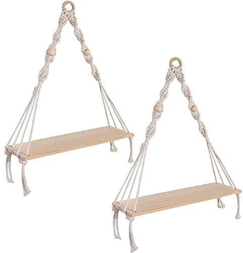 OUHUAN 2 Pcs Wall Hanging Shelf, Boho Shelves with Wood Shelf, for Hanging Plants and Decor