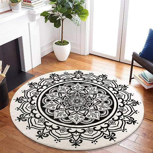 Carvapet Tappeto Rotondo 90cm Morbida Microfibra Tappeto a Cerchio Salotto Cameretta Soggiorno Antiscivolo Lavabile Mandala Boho Tappeti di Zona(Nero Mandala)