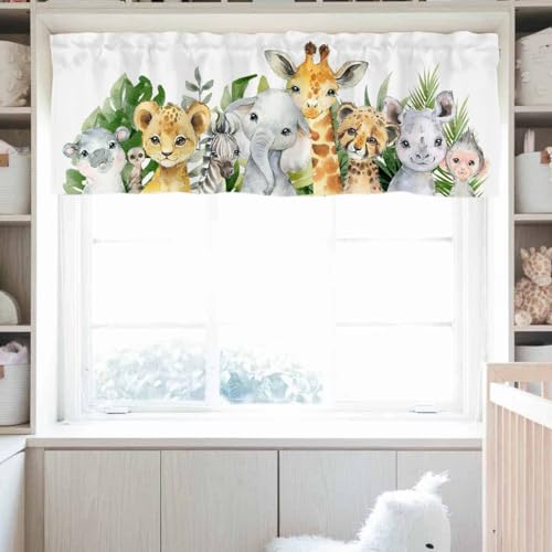 HawSkgFub Baby Safari Tiere Junge Mädchen Kinderzimmer Vorhang Volant 54 x 18, Niedlicher Dschungel Elefant Löwe Zebra Pflanze Kurze Fenster Topper Stangentasche Neutral Palmblatt Home Küche