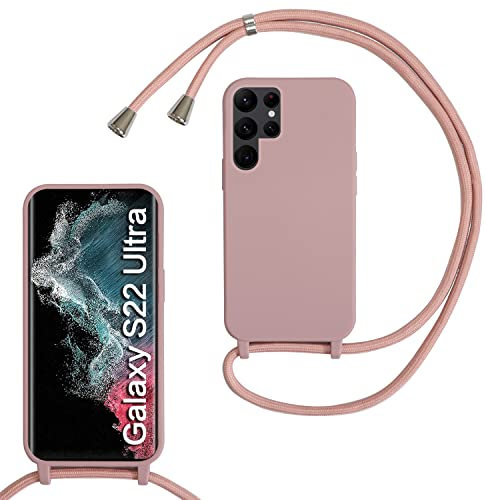 MBSLFY Lanyard Case for Samsung Galaxy S22 Ultra, Liquid Silicone Protective Phone Case with Strap Adjustable Neck Cord Necklace Soft Cover for Samsung Galaxy S22 Ultra, Dark pink