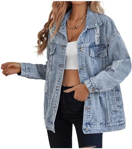 LifeShe - Chaqueta vaquera larga oversized de mujer estilo boyfriend, con rotos y desgastes.