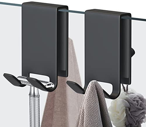 KITHOLD Lot de 2 crochets de porte de douche, triple crochet pour serviette de douche, porte en verre sans cadre, en acier inoxydable pour suspendre serviettes, rasoir, raclette de douche (noir)