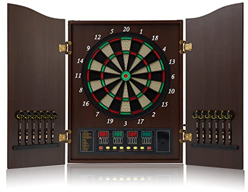 Brovamo Dartscheibe, Dekoratives Dartscheiben-Schrank-Set [12*Soft Tip Darts], Elektronische Dartscheibe, Schranktüren aus Holz mit Integrierter Anzeigetafel [Coffee]