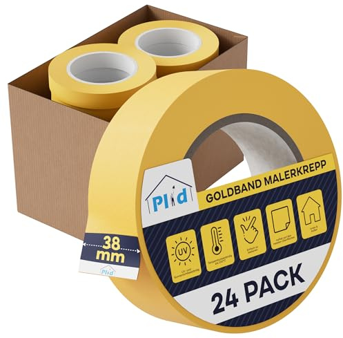 Plid® Goldband Malerkrepp [Wasserabweisend] - Malerklebeband Nassfest - Innen & Außen - Abklebeband Maler, verhindert Unterlaufen von Farben - Painters Tape - Klebeband Maler (38mm, 24 Rollen x 50m)