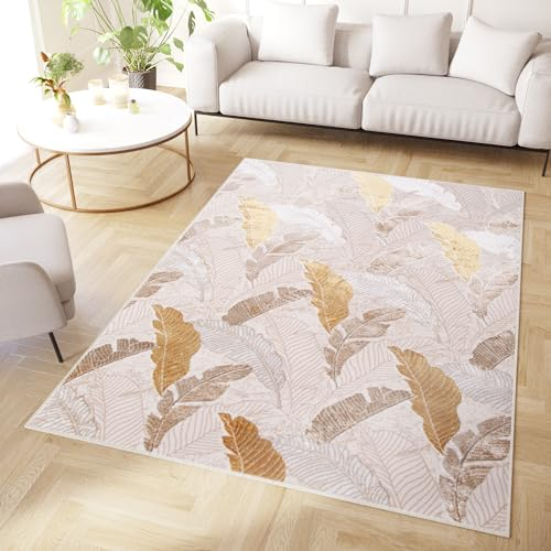 TAPISO Crystal Teppich Kurzflor Glänzend Gold Braun Beige Vogelfeder 3D Effekt Wohnzimmer Schlafzimmer Modern Design ÖKO-TEX 160 x 220 cm