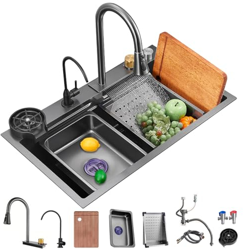 Fregadero de cocina Nano negro Fregadero cascada de acero inoxidable 304 Fregadero de cocina de estación de trabajo de un solo tazón con grifo de cascada de carga superior multifuncional (68 x 45 cm)