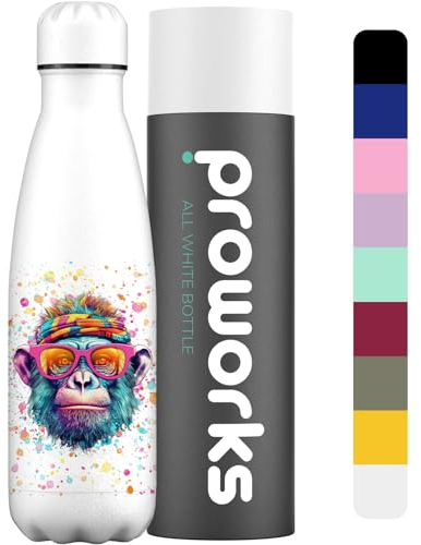 Proworks Trinkflasche aus Edelstahl | 24 Stunden kalt und 12 Stunden heiß – Vakuum-Wasserflasche – Isolierflasche für Sport, Laufen, Radfahren, Yoga und Camping – 500ml – Farbspritzer – Schimpanse