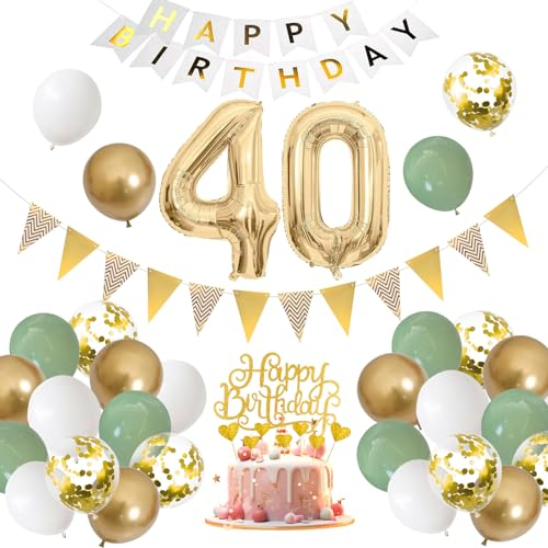 40. Geburtstag Deko Salbeigrüne - Luftballon für Männer und Frauen, Ballon Grün Weiß Gold, Zahl 40 Folienballon, Tortendeko für Dekoration