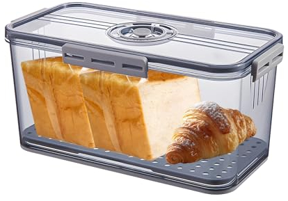 QENETY Panera para cocina, caja de pan de grabación de tiempo con tapa, contenedor hermético de almacenamiento de pan gris transparente para pan casero, tostadas, bagel, donas, galletas, verduras,