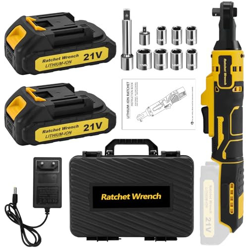 Yofuly Cordless Ratchet Wrench 3/8, 21V Electric Ratchet Wrench Kit 45Ft-lbs with 2 * 2000mAh Batteries, Extended Impact Drive Power Ratchet Variable Speed 7 Sockets, 1/4 Adapter