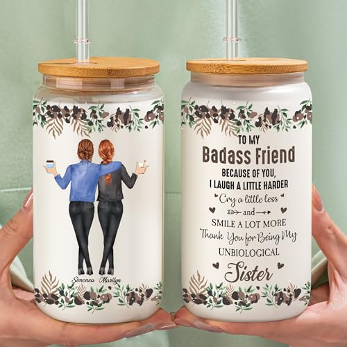 Lattina di vetro da 470 ml, con scritta Thank For Being My Unbiological Sister, tazze di vetro personalizzate con coperchi e cannucce, regalo per la festa della mamma per donne, regali di compleanno