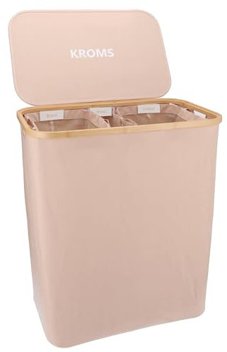 KROMS 145 Panier a linge 3 compartiment - Sable - Paniere a linge sale - Panier a linge bambou - Panier a linge pliable - Panier linge sale 3 compartiment - Bac a linge 3 compartiment