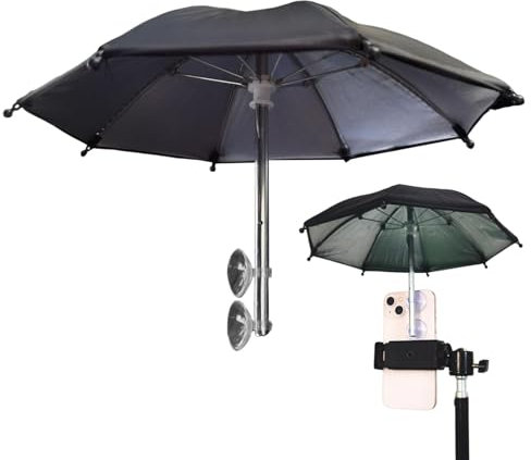 Amesor Sonnenschirm für Handy, Regenschirm für Telefon mit Saugnapfständer, UV-Schutz, Silber-matt, 25-28 cm, 18 cm, 8 Rippen, Polyester, Handhubwagen, Outdoor-Aktivitäten