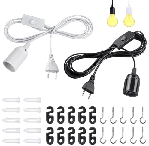 JOAASU Douille E27 avec Interrupteur, 2 Piecès Douille E27 avec Fil 1.8 M, Support lampe douille E27, Douilles de Lampe pour Ampoule E27, pour Lampadaires, Lustres, Vuisine, Salon, Bureau (Noir+Blanc)