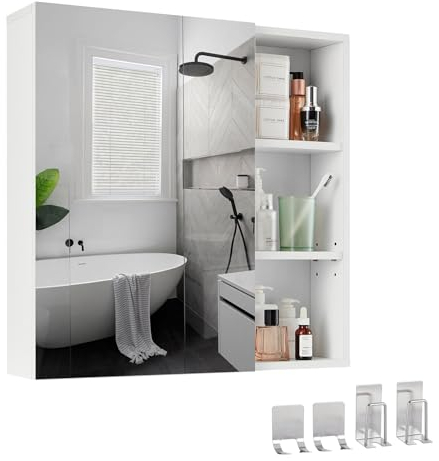 Mondeer Armoire de Toilette Miroir Salle de Bain, Armoires de Salle de Bain avec Miroir Rangement Porte Étagère Réglable 4 Crochets Style Moderne, 65 x 15 x 65 cm, Blanc