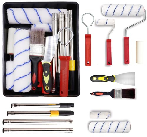 12 PCS Paint Roller Set, Paint Rollers and Trays Sets with 5 Roller Sleeve, Roller Sets for Painting with Extension Pole, Microfiber Roller Cover for Painting Walls, Ceiling, Doors, Trim (Red)
