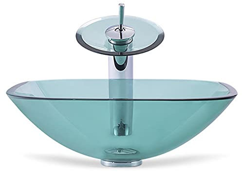 XDAWQP Aufsatzwaschbecken Fürs Badezimmer, Grünes, Klares, Helles Aufsatzwaschbecken Aus Gehärtetem Glas Mit Wasserfall-Wasserhahn Und Pop-Up-Abfluss, Aufsatzwaschbeck，B