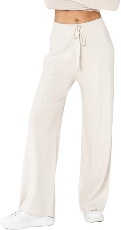 Nina Carter F025 Damen Strickhose – Gestrickte Freizeithosen Bequeme Hose mit Ausgestellter Beinform Elastischem Bund Verstellbarem Kordelzug