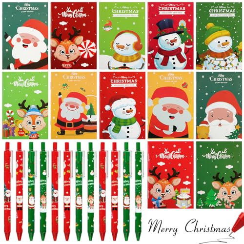 BOOMTOP 12x Weihnachten Kugelschreiber 12x Weihnachten Mini Notizblöcke 0,5mm Druckkugelschreiber Tasche Notizbuch Weihnachten Geschenk Adventskalender Füllung Ideen Kleinigkeiten Party Mitbringsel