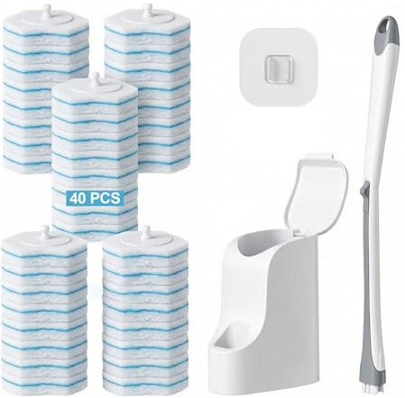 TRENNCHI Disposable Toilet Brush and Holder Set with 40 Cleaner Refills | Wall Mounted Disposable Toilet Cleaning System, Long Handle Toilet Bowl Brush Set for Bathroom Bathtub and Sink