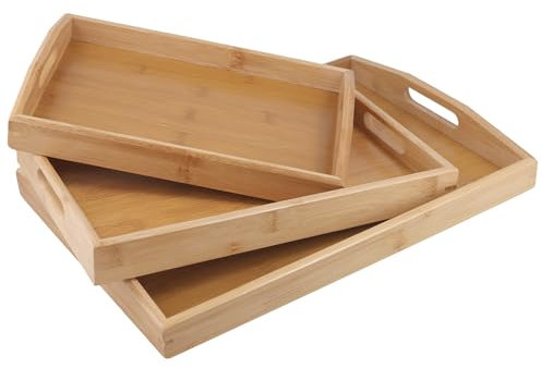 MOUYAT 3 PCS Bamboo Serving Trays, 3 Size Wooden Food Trays with Handles, Rectangular Wooden Serving Tray Set for Food, Tea, Breakfast, Coffee, Eating