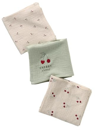VERTBAUDET 3 Stück Mullwindeln Cherry Beige bedruckt TU