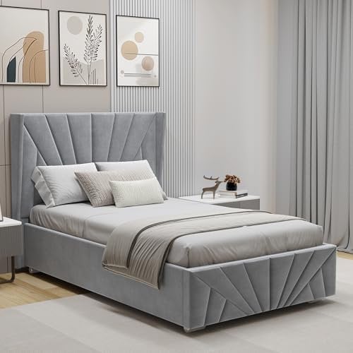 Blisswood Single Ottoman Bed Frame – Upholstered 3ft Bed with Headboard, Wooden Slats & Gas Lift-Up Storage Base – Small Single Bed for Kids Teens Girls or Guest Bedroom (90x190 cm Grey_No Mattress)