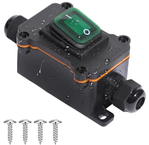 Shengbowi Waterproof Box Inline Cord Switch IP65 DPST Rocker Switch Green Indicator Light 12V 30A Dual Position ON/Off Control Open Double Hole Entry Silver Contact Dust-Proof 2Position Self Locking