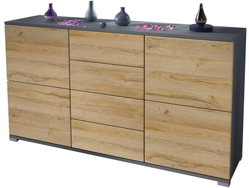 Vladon Sideboard Rova V1, Kommode mit 4 Türen und 4 Schubladen, Anthrazit matt/Eiche Natur (138,5 x 75,5 x 35)