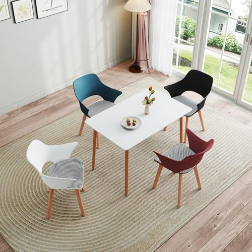 GrandCA HOME Set di Tavolo e Sedie da Pranzo Nordico, Tavolo da Pranzo Rettangolare Moderno, 4 Sedie da Cucina Imbottite in Colori Misti, per Sala da Pranzo, Soggiorno, Cucina (Bianco + WKHR)