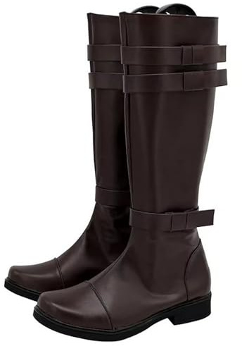 Stivali alti da uomo per cosplay, con cinghie decorative, altezza al ginocchio, in pelle sintetica, con cerniera laterale, scarpe da palcoscenico, stivali fantasy, per Halloween, carnevale, feste