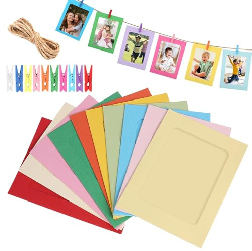 Wanheart Fotogirlande Set – Papier Bilderrahmen mit Juteseil & Holzklammern – DIY Fotowand Dekoration für Hochzeit, Geburtstag, Party, Wohnzimmer (30, Bunt)