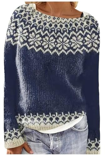 Generisch Pull norvégien pour femme avec motif flocon de neige - Pull en tricot épais de style islandais - Pull d'hiver avec col bateau