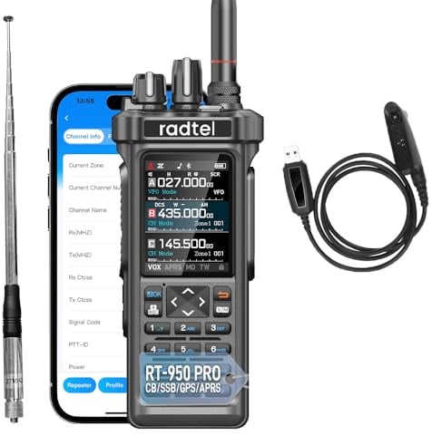 Radtel RT-950 PRO Radio amatoriale 27 MHz TX GPS/APRS, walkie talkie portatile da 10 W, radio bidirezionale, programmazione tramite APP Bluetooth (con cavo di programmazione, antenna femmina)