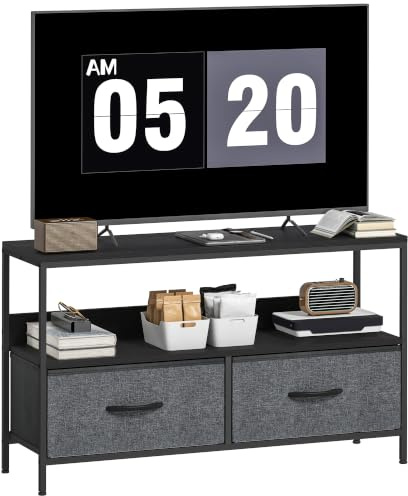 HOMCOM Meuble TV 98 cm pour Téléviseur 47 Pouces Gris Foncé | Meuble Télé, 2 Tiroirs Pliables, 1 Étagère, Pieds en Acier, Banc TV, Salon, Chambre à Coucher