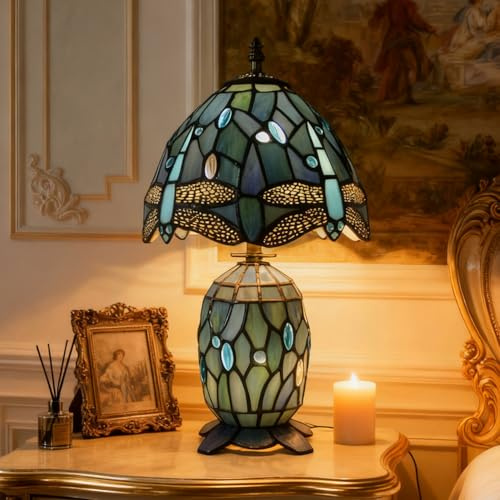 GDLight Libelle Buntglas-Tischlampe im Tiffany-Stil Nachtlicht Mittelmeer-Schreibtischlampe für Zuhause Schlafzimmer Wohnzimmer Büro Café Bar, 8 Zoll,Blau